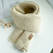 纯色韩版女冬季简约长款窄版围巾羊毛混纺，针织加厚小围巾米色保暖