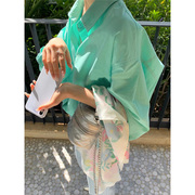 自制韩版简约薄荷绿翻领，衬衫女春气质小众设计感宽松长袖防晒衬衣