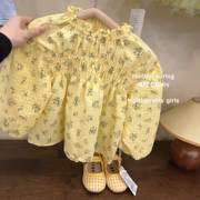 韩国童装女童上衣2023春秋女童黄色碎花小清新泡泡袖百搭衬衫