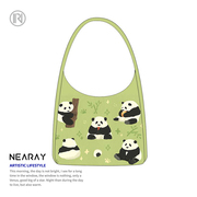 尼睿x比菜菜原创熊猫插画单肩包绿色可爱帆布包，便携大容量学生包