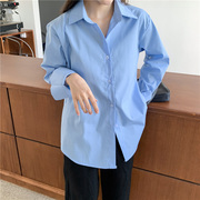 天蓝色衬衫女2024春季长袖韩式设计感内搭叠穿纯色显瘦上衣女