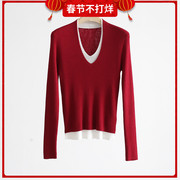 红色超细羊毛针织衫假两件v领拼色修身毛衣柔软亲肤双层打底衫
