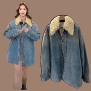 网红曼曼同款气质韩版复古设计感小众长袖羊羔毛领牛仔外套女