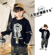 日系男童潮牌猿猴假两件t恤长袖，中大儿童套装春秋季宽松黑色上衣