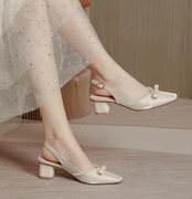 小香风包头凉鞋女2023夏季法式高跟鞋方头珍珠仙女风粗跟单鞋