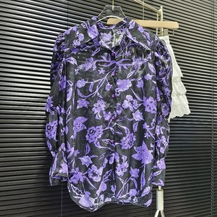法式紫色印花泡泡袖透视衬衫，女2024春夏减龄别致喇叭袖中长上衣