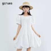 gcrues短袖白色连衣裙女夏季短款a字裙纯色韩版娃娃裙荷叶边