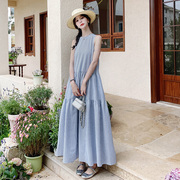 蓝色法式条纹背心长裙女夏季2024韩版马甲无袖连衣裙两件套装