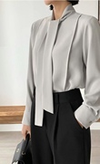 灰色长袖衬衫女垂顺职业衬衣，飘带系带磨毛直筒黑色雪纺衫韩国