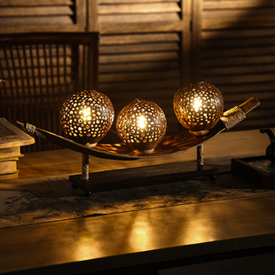 东南亚风格椰壳雕花装饰台灯暖光简约现代手工个性创意卧室床头灯