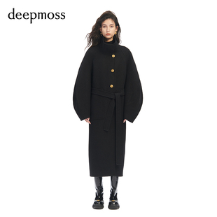 deepmoss休闲女装时尚复古潮流围领茧型长款羊毛呢大衣外套