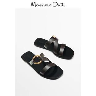 Massimo Duti女鞋2024夏季棕色金属环细节设计感简约平底凉鞋