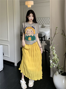 韩系chic复古卡通棒棒糖，女孩印花短袖针织衫+高腰百搭半身裙套装