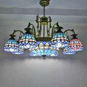 欧式地中海客厅手工彩色玻璃，吸吊灯餐厅节能灯多头智能铁艺灯具