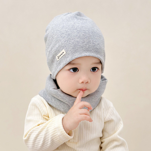 婴儿帽子春秋款套装围脖两件套宝宝秋冬季纯棉男女童婴幼儿套头帽