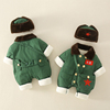婴儿棉服东北军绿色连体衣冬季新生儿，衣服加绒1厚2岁宝宝哈衣保暖
