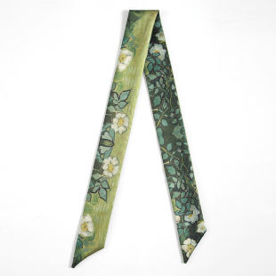 「梵高的野玫瑰」皱缎精致发带，丝巾女复古油画绿色绑包带小众束发