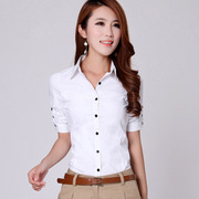 纯色修身衬衫韩国上衣翻领OL白色棉职业通勤女装短袖显瘦女式