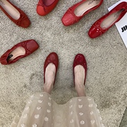 蝴蝶结浅口平底小红色，单鞋女鞋子，2023年春夏婚鞋芭蕾舞春秋鞋