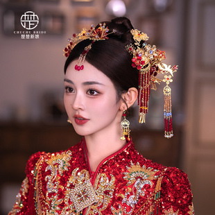 中式复古秀禾服头饰水晶红色，汉服古装配饰古典民族宫廷结婚发饰品