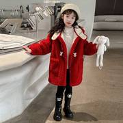 女童外套冬装2023洋气儿童加绒加厚毛毛衣女大童中长款红大衣