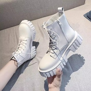 马丁靴女春夏季薄款2024年白色，显瘦短系带时尚单靴子(单靴子)潮ins酷