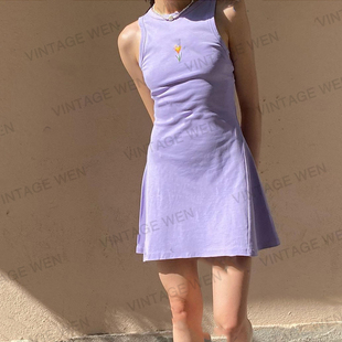vintagewen美式欧美辣妹紫色，修身减龄百搭休闲背心收腰连衣裙女