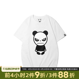 Hipanda你好熊猫女款休闲经典胶印黑白熊猫圆领上衣短袖T恤潮牌