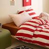ins风红色条纹纯棉，被套单件简约双拼，全棉被罩床单四件套床上用品