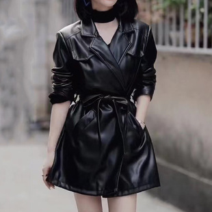 中长款皮衣外套女2023秋季设计感收腰，系带长袖夹克上衣潮黑色