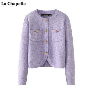 拉夏贝尔lachapelle小香风紫色毛衣开衫，春季气质减龄针织衫上衣