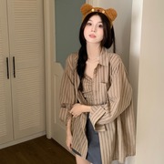 韩版辣妹条纹时尚套装女秋季小众修身抹胸背心宽松长袖衬衫两件套