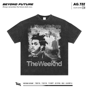 The Weeknd美式宽松高街水洗做旧复古深灰男女中性短袖体恤上衣