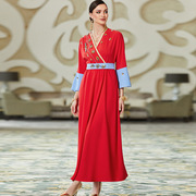 红蓝拼接手工钉钻连衣裙大码中东迪拜旅行服装长袍文艺复古长裙