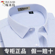 啄木鸟蓝色条纹衬衫男士短袖长袖，夏季商务正装职业中青年棉白衬衣