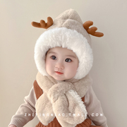 宝宝帽子秋冬款儿童围巾一体，帽女孩可爱婴儿毛绒帽(毛，绒帽)冬季男孩护耳帽