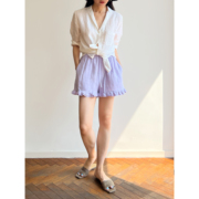 （2色）Plain Sight 浅紫、条纹亚麻荷叶花边松紧腰短裤
