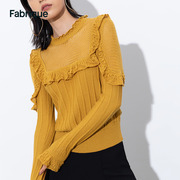 Fabrique姜黄色镂空荷叶边喇叭袖修身精纺羊毛纯色针织衫