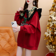 加绒加厚娃娃领红色卫衣女秋冬洋气减龄宽松设计感大码上衣潮