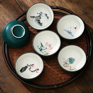手绘茶杯套装复古窑变陶瓷茶具品茗杯单杯仿古茶盏茶碗6只礼盒装