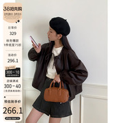 左佳琪 2023秋季设计感复古长袖皮衣短外套女宽松黑色夹克女