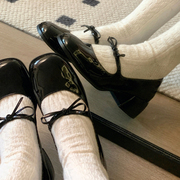 黑色小皮鞋女2023春秋高跟法式玛丽珍鞋蝴蝶结粗跟jk晚晚单鞋