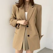 韩国chic秋季法式复古翻领两粒扣双口袋宽松百搭长袖西装短外套女