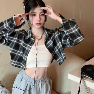 格子衬衫女装秋款辣妹高腰短款防晒衬衣外套黑色宽松长袖外搭上衣