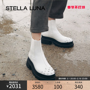 STELLA LUNA女鞋春秋季圆头切尔西靴铆钉白色厚底粗跟马丁靴
