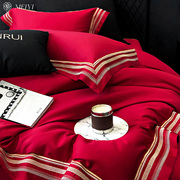 轻奢简约风红色床单四件套全棉纯棉100S匹马棉高级感被套家用床品