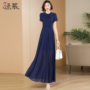 高级藏蓝色连衣裙2024夏季大牌高端收腰显瘦气质，到脚踝长裙