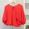 2023秋季红色女士衬衣蝙蝠袖小衫系带时尚，夏新圆领套头衬衫