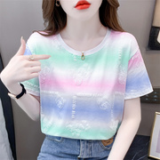 重工彩虹条纹扎染t恤女短袖，2024夏季韩版宽松印花圆领上衣