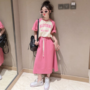 童装女童短袖短裙套装，2023夏季韩版洋气网红炸街半身裙俩件套